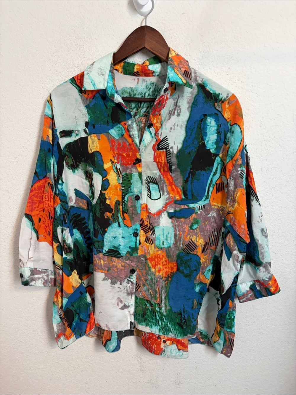 3 Potato S/M Abstract Print Shirt Colorful Art to Wear Oversized Lagenlook - Picture 2 of 6